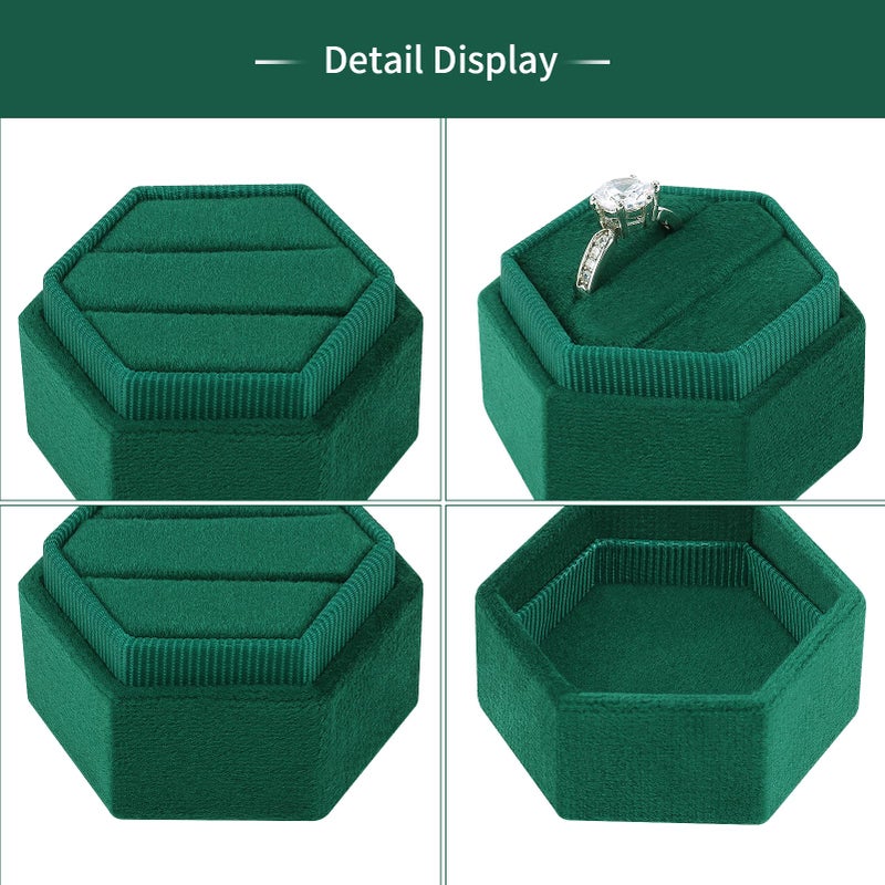 DesignSter Hexagon Velvet Ring Box - Premium Gorgeous Vintage Double Ring Display Holder with Detachable Lid Ring Bearer Box or Proposal, Engagement, Wedding, Ceremony ï¼ˆEmeraldï¼‰ - Image 3